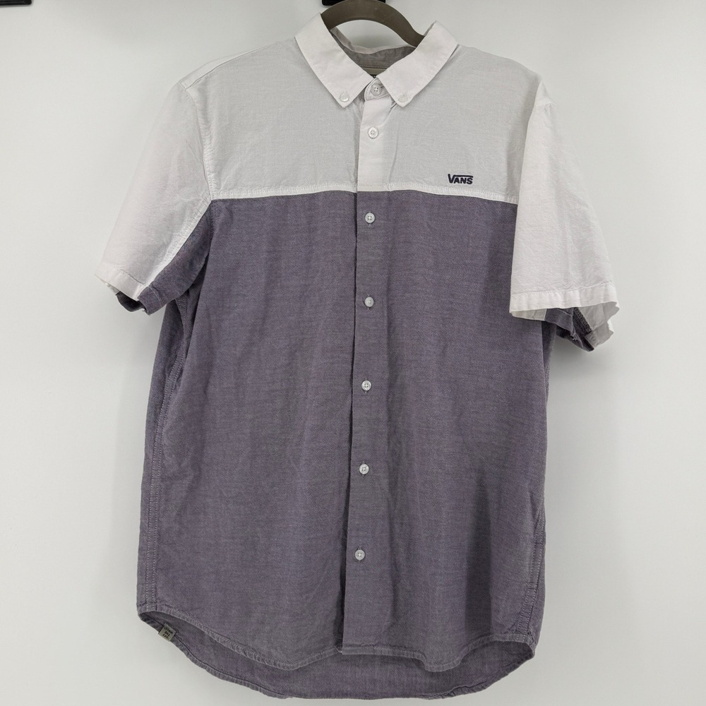 Vans Mens Medium Colorblock Short‎ Sleeve Button Down Shirt White Purple Grey - Picture 2 of 5